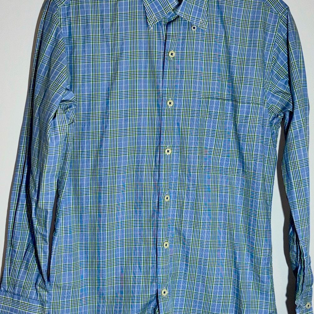 Adult Small Light Blue & Green Checkered Dress Shirt